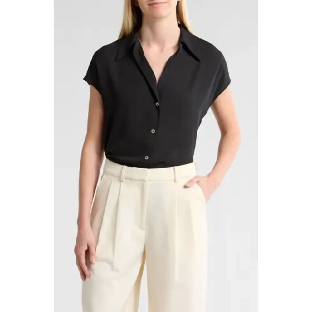 Vince. Cap Sleeve Button Down Shirt - Black L